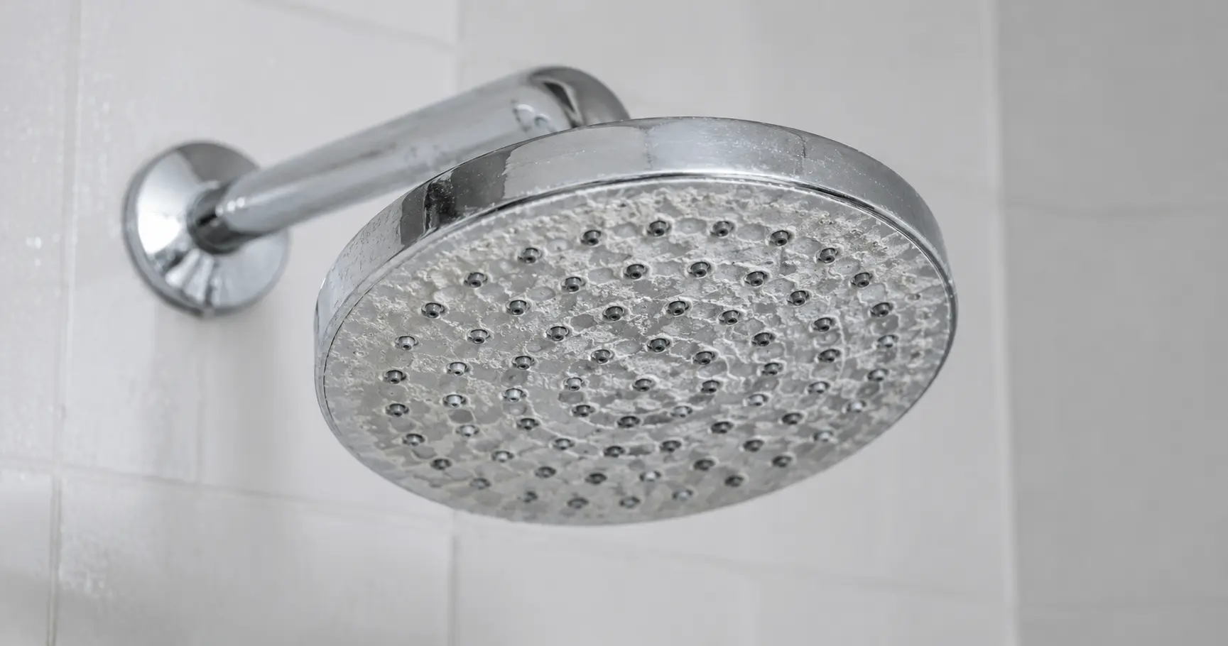 Nucleo plus Soffione doccia con incrostazioni di calcare bianco: effetto tipico dell'acqua dura negli impianti domestici senza addolcitore