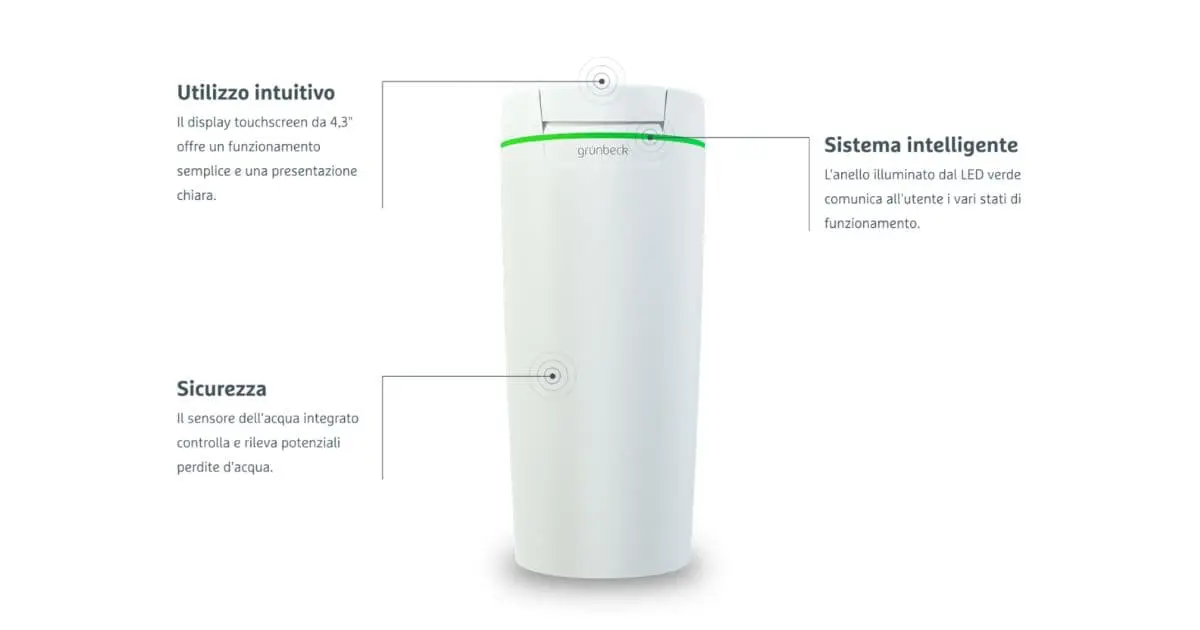 Nucleo plus Addolcitore domestico Grünbeck SoftliQ SE con display touchscreen 4,3 pollici e anello LED verde: sistema intelligente per il trattamento dell'acqua dura in casa