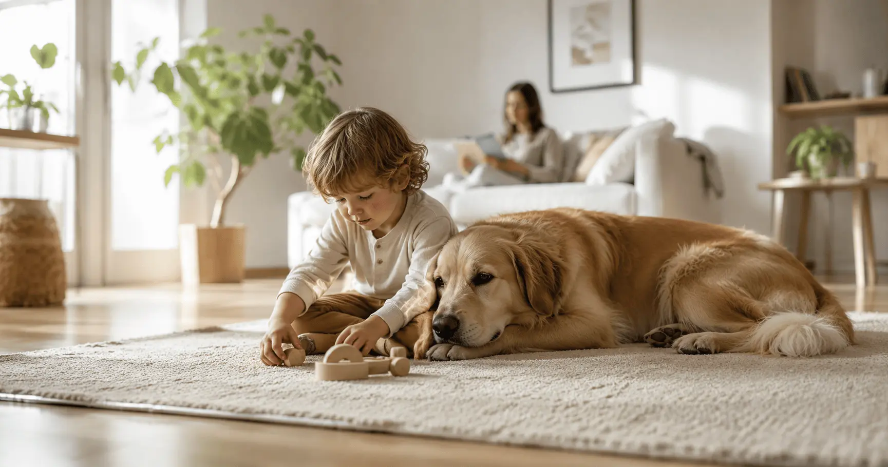 Nucleo plus Bambino e cane in soggiorno domestico luminoso: la qualità dell'aria indoor protegge la salute di tutta la famiglia, bambini e animali compresi